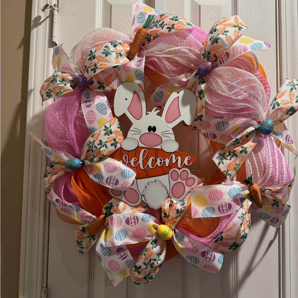 Easter Bunny Welcome Wreath with Pink and Orange Accents